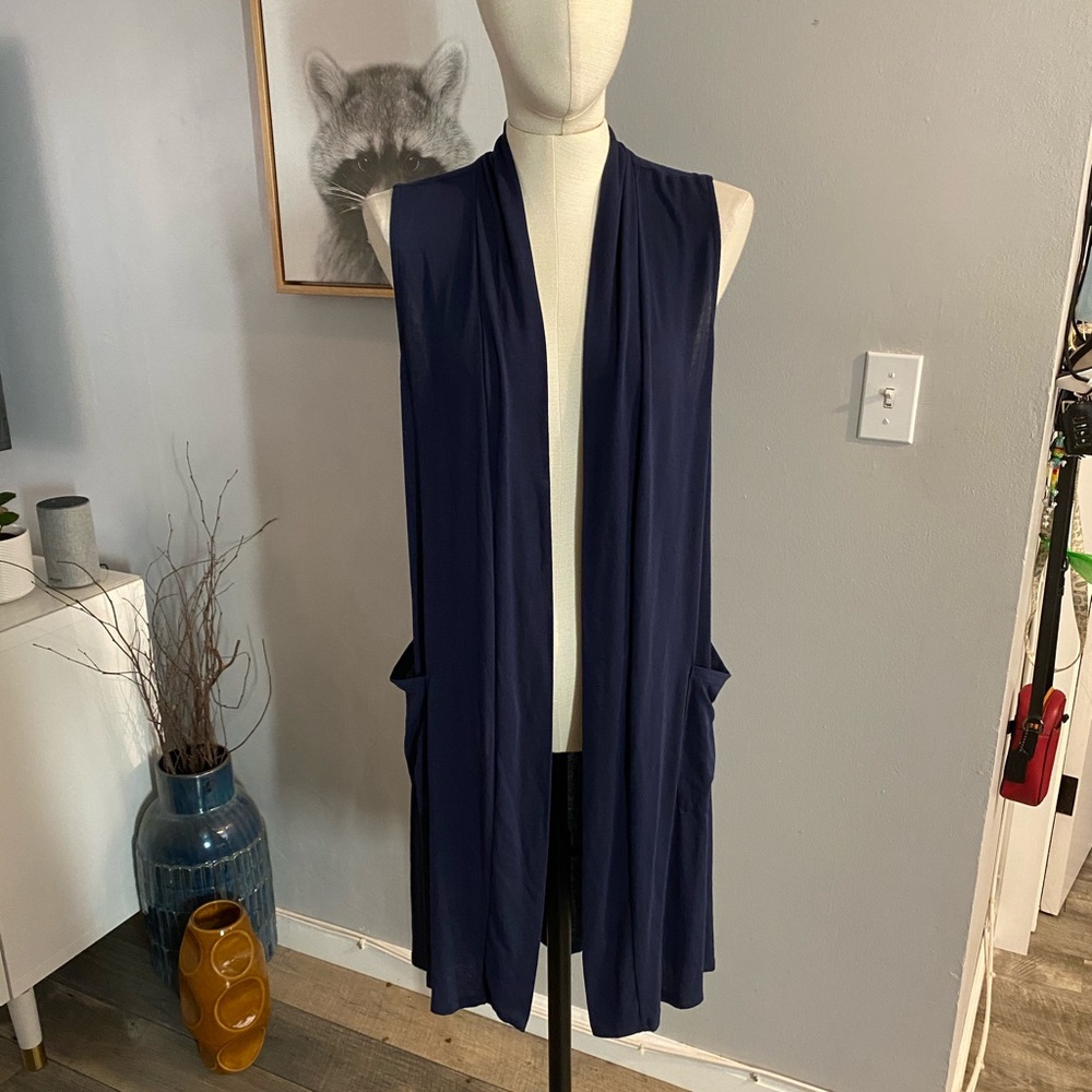 Navy Blue Sleeveless Long Cardigan